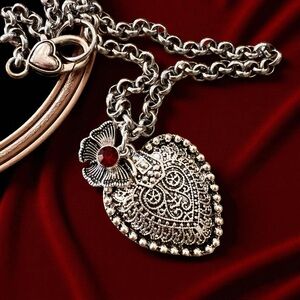 Beautiful Silver Toned Heart Necklace with Butterfly and Red Gem Charm 16.5”